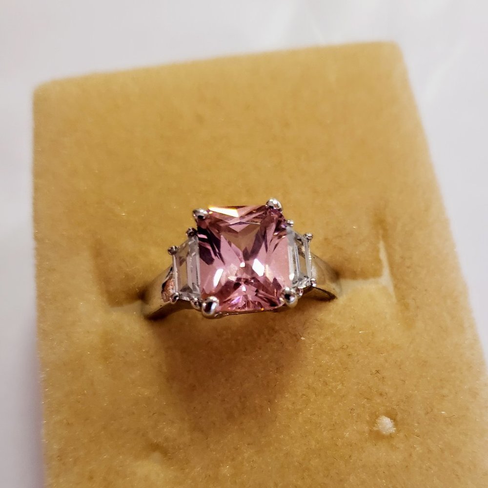 Silver-plated pink crystal ring size 9
